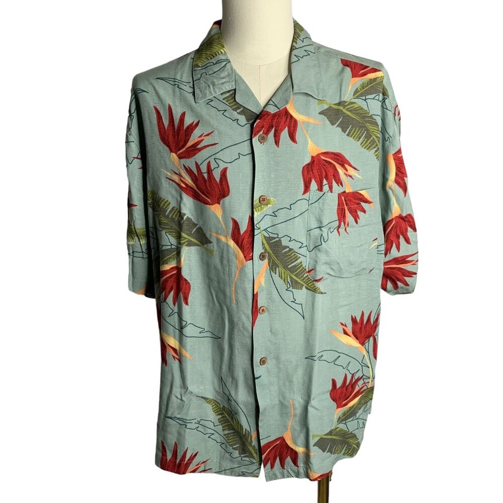 Island Sport Button Up Hawaiian Camp Shirt L Green Floral Short Sleeve Pocket